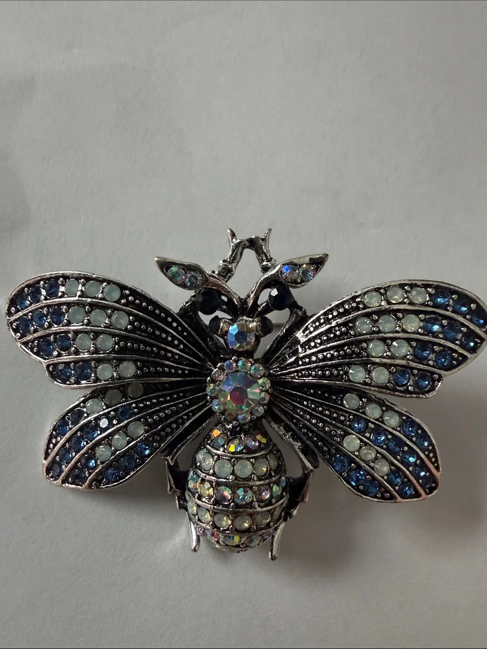 Crystal Bee Brooch - Iridescent Blue and Silver Accent